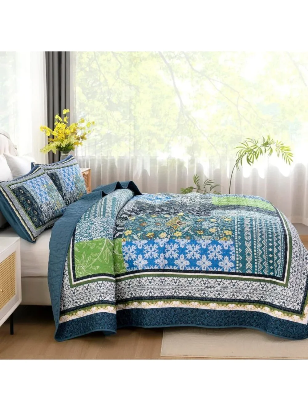 Boho Teal Patchwork Quilt Set, Reversible Lightweight Coverlet & 2 Pillow Shams